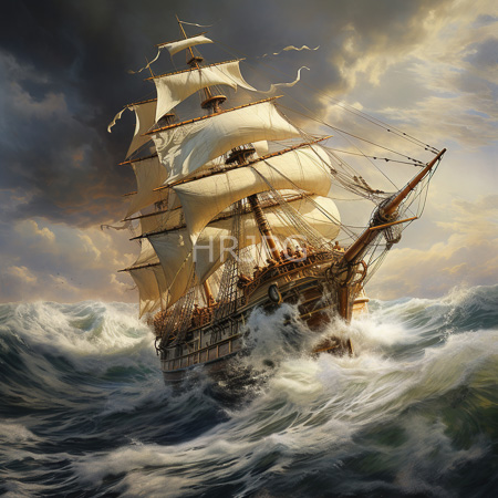 High Resolution: Old fashioned wooden ship braving turbulent ocean at sunset with crew on deck foam crashing and sunlight glinting off waves under cloudy skies download. | HRJPG.com