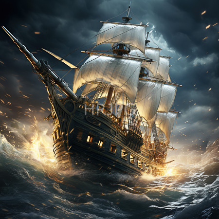 High Resolution: Dark pirate ship with billowing sails cutting through stormy seas as golden light from below highlights crashing waves and ominous sky download. | HRJPG.com