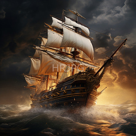 High Resolution: Ornate pirate vessel navigating violent waters at sunset with golden glow on rigging and waves against foreboding storm clouds download. | HRJPG.com