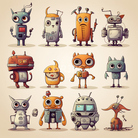 High Resolution: Twelve whimsical cartoon robots arranged in neat rows on off white background with soft shadows suggesting grounded playful presence download. | HRJPG.com