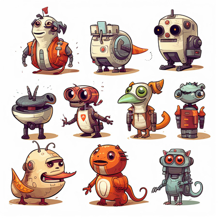 High Resolution: Nine colorful cartoon robots with diverse shapes and personalities displayed on white background including vest wearing and antenna eyed designs download. | HRJPG.com