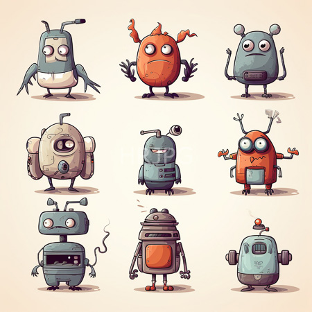 High Resolution: Nine anthropomorphic cartoon robots in three rows on off white backdrop each with unique expressions antennae and body styles download. | HRJPG.com