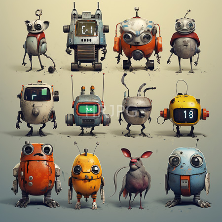 High Resolution: Twelve whimsical humanoid robots arranged in rows against gradient off white background with realistic shadows adding depth and charm download. | HRJPG.com
