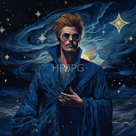 High Resolution: Handsome bearded man with tousled brown hair and sunglasses stands beneath starry night sky wearing constellation patterned blue cloak download. | HRJPG.com