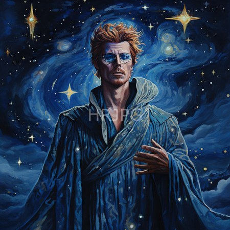 High Resolution: Androgynous red haired figure in starry blue robes gazes gently at chest under swirling cosmic sky with reflective glasses and stubble download. | HRJPG.com