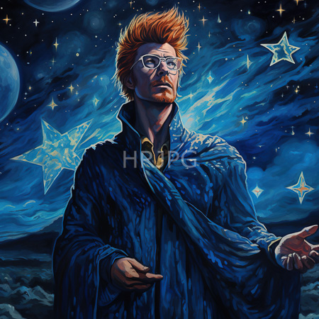 High Resolution: Elderly red haired man with glasses and beard looks upward thoughtfully in star filled night sky with one hand extended download. | HRJPG.com