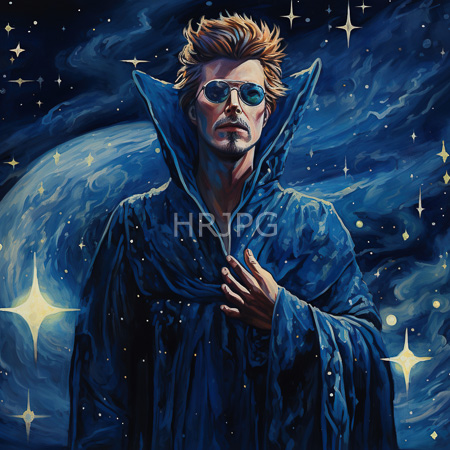 High Resolution: Attractive blonde man with spiky hair and blue eyes wears star patterned dark cloak against cosmic clouds and glowing stars download. | HRJPG.com