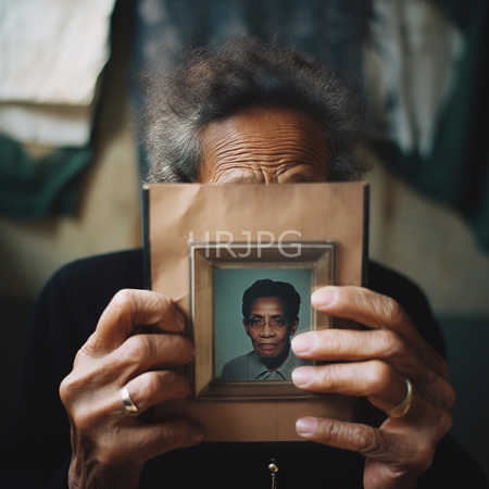 High Resolution: Elderly person with gray hair holds framed photo showing only forehead and nose wearing black clothes and gold ring download. | HRJPG.com