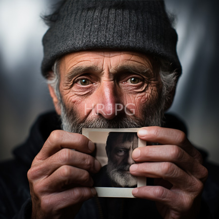 High Resolution: Elderly Caucasian man with deep wrinkles and gray beard holds small photo of another person in shadowy dim lighting download. | HRJPG.com