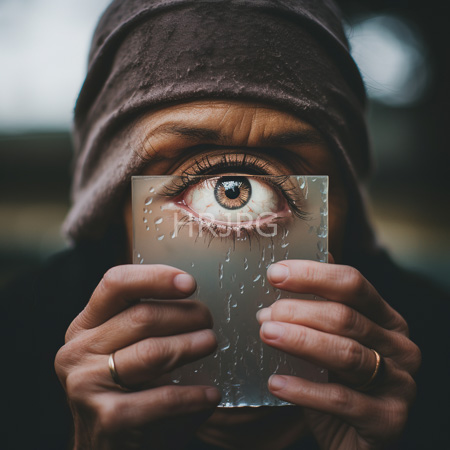 High Resolution: Older person with light brown skin wears purple hood holds glass reflecting eye with droplets against blurred outdoor greenery download. | HRJPG.com