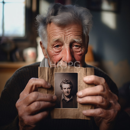 High Resolution: Elderly man with white hair and wrinkles holds black and white portrait in cardboard frame lit by soft window light download. | HRJPG.com