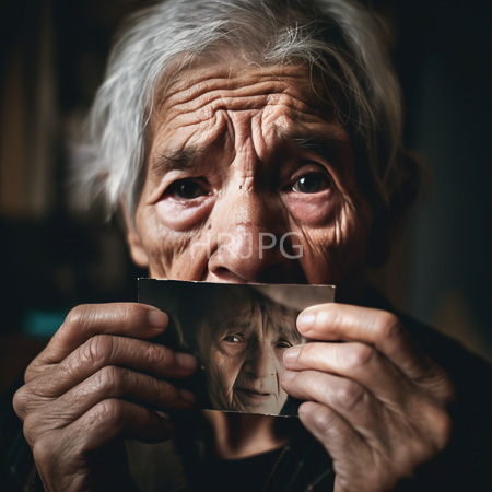 High Resolution: Elderly man with gray hair and deep eyes holds small photograph before his face gazing intently in darkness download. | HRJPG.com