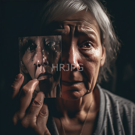 High Resolution: Elderly woman with gray hair and deep set eyes looks thoughtfully at photo held before her face softly lit download. | HRJPG.com