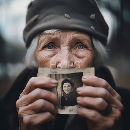 High Resolution: Elderly woman with white hair blue eyes and buttoned gray hat holds black and white photo with both hands outdoors download. | HRJPG.com
