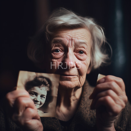 High Resolution: Elderly woman with wavy white hair and wrinkles holds two old photos before her face in dim setting download. | HRJPG.com
