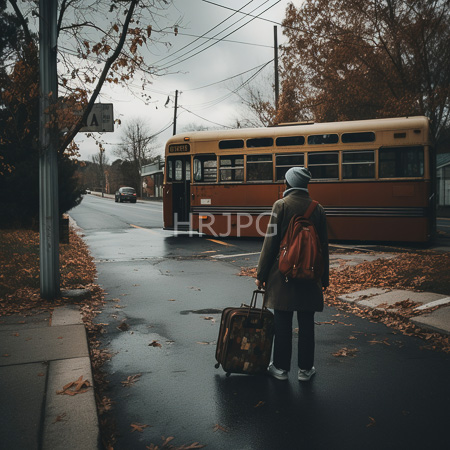 High Resolution: Person in dark clothes and teal beanie stands facing away from vintage bus on wet autumn street with suitcase download. | HRJPG.com