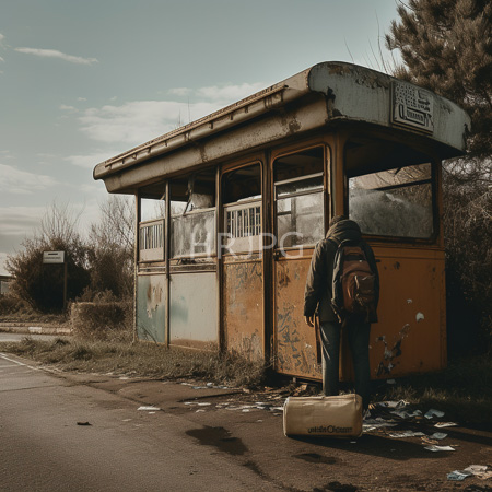 High Resolution: Abandoned rusted bus stop with graffiti stands in overgrown field as lone figure picks up bag under cloudy sky download. | HRJPG.com