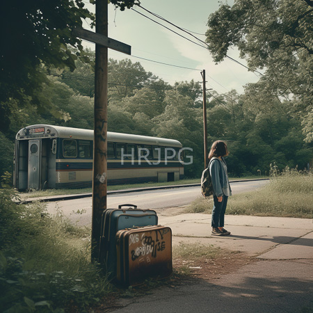 High Resolution: Young woman in jeans and blue jacket stands beside graffiti suitcases watching retro bus approach under cloudy trees download. | HRJPG.com