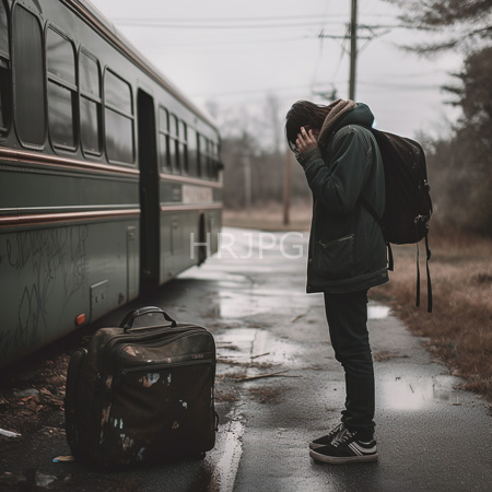 High Resolution: Young man in green jacket covers face with hands beside graffiti train on wet foggy platform with bare trees download. | HRJPG.com