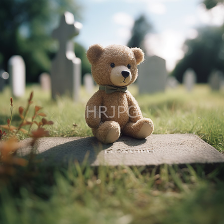 High Resolution: Light brown teddy bear with black eyes sits on stone slab in sunny cemetery surrounded by blurred white gravestones download. | HRJPG.com