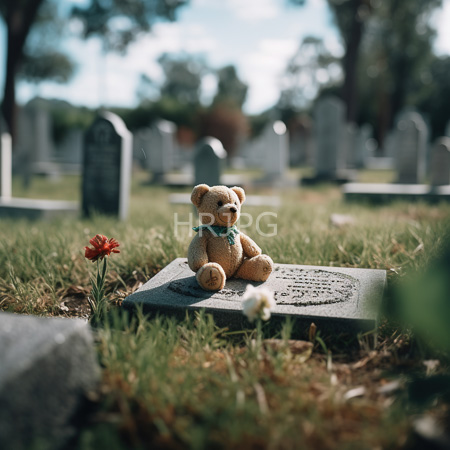 High Resolution: Tan teddy bear with green ribbon rests on gray gravestone in sunlit cemetery near red flower and distant stones download. | HRJPG.com