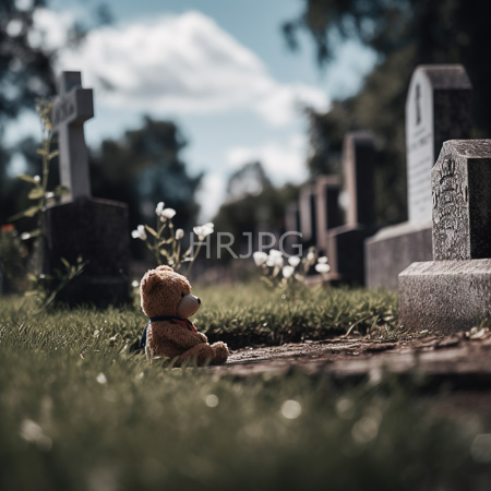 High Resolution: Small brown teddy bear sits on grassy path between tombstones in cemetery with wildflowers and soft sunlight above download. | HRJPG.com