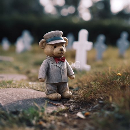High Resolution: Teddy bear in grey suit red bowtie and cap stands on cemetery path among white gravestones under diffused light download. | HRJPG.com