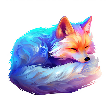 High Resolution: Anthropomorphic fox with multicolored blue purple orange pink fur sleeps curled peacefully against its tail on white download. | HRJPG.com