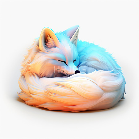 High Resolution: Fluffy fox with turquoise to peach gradient fur sleeps soundly with closed eyes and calm expression on white download. | HRJPG.com