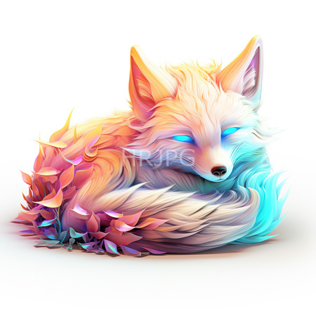 High Resolution: Ethereal fox with glowing blue eyes and rainbow fur rests on white background with petal like leaves nearby download. | HRJPG.com