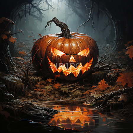 High Resolution: Eerie glowing jack o lantern with sharp teeth sits before dark forest beside stream under misty moonlight download. | HRJPG.com