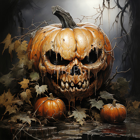 High Resolution: Decaying pumpkin with skull features and dripping wax rests on wet autumn leaves with smaller gourds at base download. | HRJPG.com