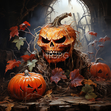 High Resolution: Carved pumpkin with hollow eyes sits among two smaller lanterns on wooden planks near ruins under moonlight download. | HRJPG.com