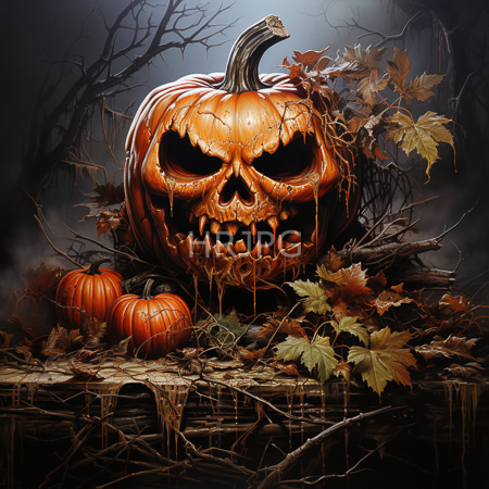 High Resolution: Menacing carved pumpkin drips dark fluid onto gnarled branches surrounded by autumn leaves in foggy forest night download. | HRJPG.com