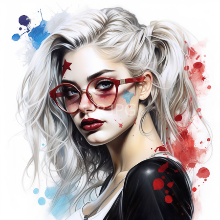 High Resolution: Pale woman with white pigtails red glasses and star marks wears black clothes against splattered colorful backdrop download. | HRJPG.com