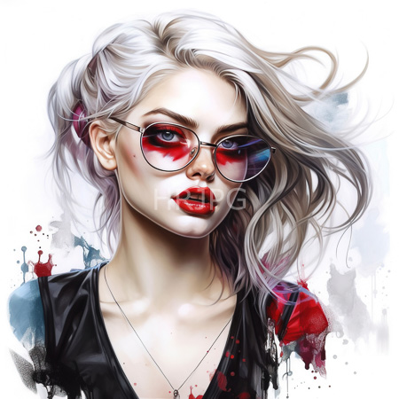 High Resolution: Pale woman with silver waves and round glasses reflects red blue hues with crimson lips and paint splatters download. | HRJPG.com