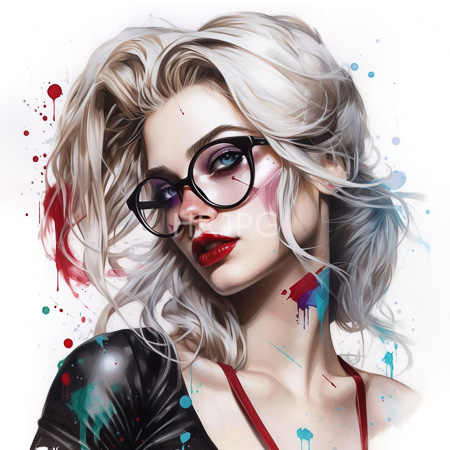 High Resolution: Pale woman with wavy white hair and black glasses wears red lipstick amid colorful splatters on face and clothes download. | HRJPG.com
