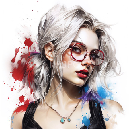 High Resolution: Androgynous person with white hair red glasses and crimson lips wears black top with turquoise pendant on splattered background download. | HRJPG.com