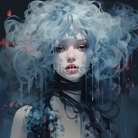 High Resolution: Ethereal woman with paint like blue gray curls drips over face against red splattered dark background with parted lips download. | HRJPG.com