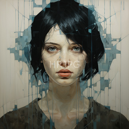 High Resolution: Androgynous person with black hair blue eyes red lips wears dark clothes with teal geometric glitches on beige download. | HRJPG.com