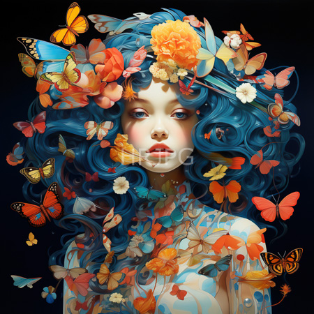 High Resolution: Ethereal woman with flowing blue hair adorned by butterflies and flowers stands against dark background with pale skin download. | HRJPG.com