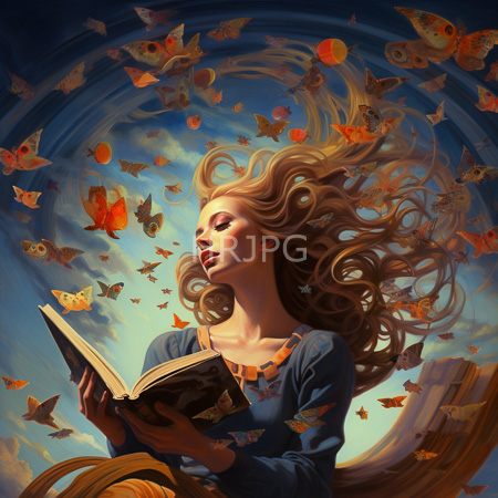 High Resolution: Fair woman with blonde hair reads beneath swirling sky filled with floating butterflies wearing navy top and jewelry download. | HRJPG.com