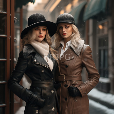 High Resolution: Two blonde women in leather coats and dark hats stand in snowy alley one with red lipstick and white scarf download. | HRJPG.com