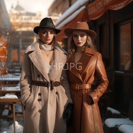High Resolution: Two young women in stylish fur and trench coats pose on urban winter street with fair skin and long hair download. | HRJPG.com