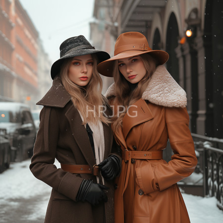 High Resolution: Two women in winter coats and hats stand on snowy street one in brown with gray hat other in tan fedora download. | HRJPG.com