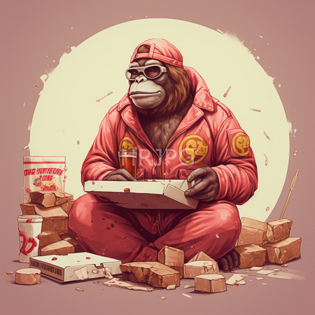 High Resolution: Anthropomorphic gorilla in red jumpsuit sunglasses sits on pizza boxes sipping drink beside bricks on beige backdrop download. | HRJPG.com