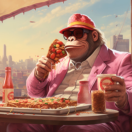 High Resolution: Gorilla in pink suit polka hat enjoys strawberry pizza on rooftop with cityscape holding soda labeled Chili's download. | HRJPG.com