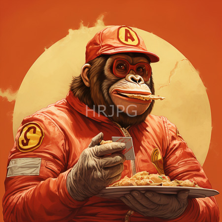 High Resolution: Gorilla in red A&W uniform with yellow logo eats fries holding knife under orange sun in reddish sky download. | HRJPG.com
