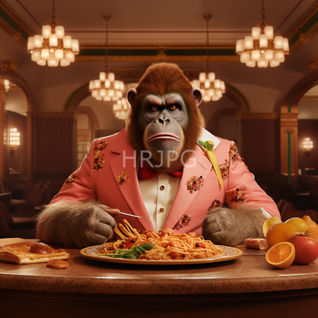 High Resolution: Gorilla in pink floral jacket red bow tie dines elegantly at restaurant with chandelier spaghetti and fruit download. | HRJPG.com