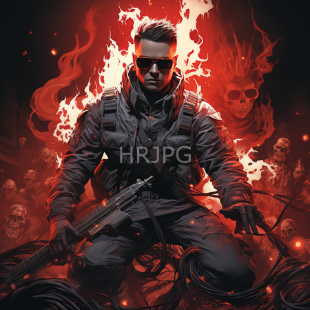 High Resolution: Muscular man in tactical gear kneels before fiery flames holding weapons with intense expression and dark sunglasses download. | HRJPG.com